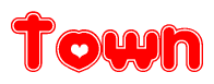 The image is a red and white graphic with the word Town written in a decorative script. Each letter in  is contained within its own outlined bubble-like shape. Inside each letter, there is a white heart symbol.