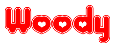 The image is a clipart featuring the word Woody written in a stylized font with a heart shape replacing inserted into the center of each letter. The color scheme of the text and hearts is red with a light outline.