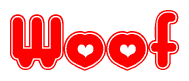 The image is a clipart featuring the word Woof written in a stylized font with a heart shape replacing inserted into the center of each letter. The color scheme of the text and hearts is red with a light outline.