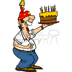 The clipart image features a man in a festive party hat with a polka dot pattern, holding a large birthday cake with lit candles on a plate. The man is smiling and appears to be happily presenting or serving the cake, which suggests a celebration such as a birthday or anniversary. The man is wearing a casual short-sleeve shirt, jeans, and brown shoes. He also has a mustache.
