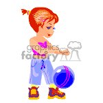 The clipart image features an animated girl with a ponytail, wearing a pink sleeveless top, light blue capri pants, and brown boots. She is playing with a blue and pink striped ball.