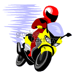 This clipart image depicts a rider on a yellow motorcycle. The rider is wearing a red helmet and suit. There is a sense of motion depicted by the stylized lines in the background.
