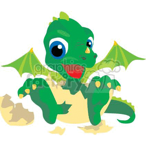 The clipart image features a baby dragon that has just hatched from an egg. The dragon is green with yellow belly and claws, has big, friendly eyes, and small wings that are open. It appears to be smiling and has some eggshell fragments around it, indicating it has recently emerged from its egg.