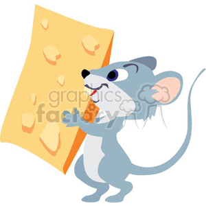 The image shows a cartoon illustration of a gray mouse standing on its hind legs, smiling, and holding a large wedge of Swiss cheese that is characterized by several holes. The mouse appears to be delighted with the cheese, depicted in a humorous and light-hearted style typical of funny animal clipart.