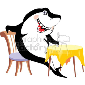 The image depicts an anthropomorphic shark sitting at a dining table. It is using a fork with its right fin, and there is a yellow tablecloth on the table. This comical shark appears ready to dine out or enjoy a meal in a restaurant setting, despite there not being any food visible on the table.