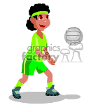 The clipart image depicts a female animated character wearing a green sports outfit with a headband, shorts, and sneakers, playing volleyball. She is in motion, bumping or passing the volleyball with her forearms.