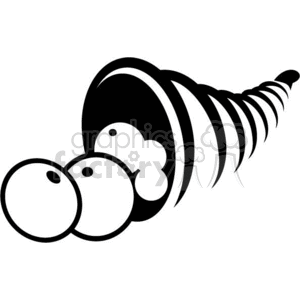 The clipart image depicts a black and white cornucopia filled with various fruits and vegetables. Cornucopia is a symbol of abundance and prosperity, often associated with Thanksgiving and harvest celebrations. 