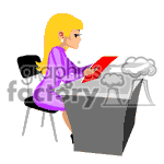This clipart image features a caricature of a blonde woman sitting at a desk. She is wearing a purple dress and reading a red book or document. The desk is gray, and she is seated on a black chair with a simple backrest.