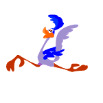 The image is a clipart animation of a blue and purple stylized roadrunner in motion. The roadrunner has an exaggerated body shape with a large tail, long legs, and its wings spread out as if it is running at a high speed.