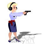 The clipart image depicts a stylized illustration of a female police officer aiming a pistol. Her attire includes a light blue shirt with dark blue skirt, a belt, and high heels. She's also wearing ear protection, which might suggest she is at a shooting range practicing.