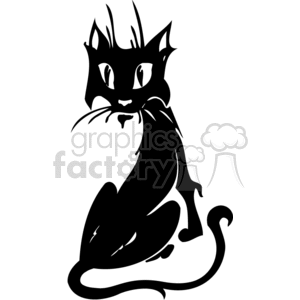 The image depicts a stylized black cat with features that suggest it could be suitable for Halloween-themed decorations or signage. The cat appears to be sitting, with prominent eyes, extended whiskers, and a curved tail, enhancing its spooky silhouette.