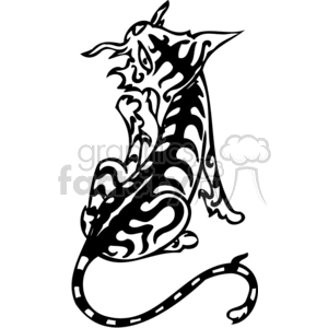 The image is a black and white vector illustration of a stylized cat. The cat is depicted in a sitting position with strong contrasts and intricate patterns covering its body, which give it an abstract, decorative appearance.