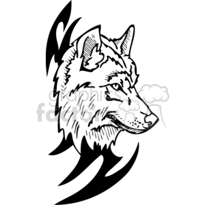 The image is a black and white vector illustration of a wolf's head. It has a stylized design suitable for use as tattoo art or for vinyl cutter signage. The wolf is depicted in a side profile with attention to detail on its fur and facial features, emphasized by bold contrasting lines that create a sense of movement and character.