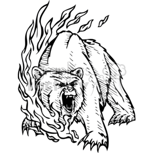 The clipart image features a roaring grizzly bear with stylized flames coming off its body. The bear is depicted in a dynamic pose with its mouth wide open, showcasing its teeth, expressing aggression or ferocity. Visible details include the bear's fur texture, facial features, and sharp claws. The flames add a dramatic effect, suggesting a sense of power and wild energy. This image looks like it is designed for vinyl cutting, making it suitable for various applications such as tattoos, signage, or vinyl decals.