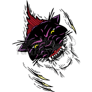 The clipart image shows a stylized graphic design of a panther's head in profile. It is designed with bold lines and contrasting colors, predominantly black with accents of red inside the ears, yellow for the eyes, and red for the mouth, showcasing an aggressive and fierce expression. The style is reminiscent of traditional tattoo artwork, making it suitable for vinyl-ready projects, signs, or decals.