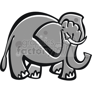 The clipart image depicts a stylized elephant. The elephant is shown in a side profile with distinct features such as large ears, a long trunk, and tusks. It has a cartoonish appearance with a limited gray-scale color palette and simple shapes, suggesting it may be intended for a casual or child-friendly context, like a children's book, educational material, or playful web graphic.