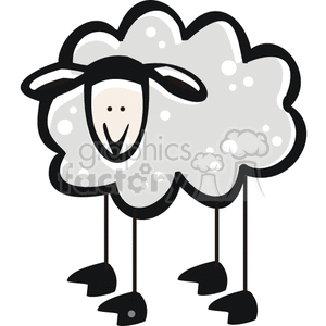 This clipart image features a cute cartoon sheep. The sheep is depicted with a stylized fluffy wool coat dotted with grey spots, a smiling face with a simple line for a mouth, and prominent ears poking out from its wool. The sheep stands on four thin legs ending in small black hooves.