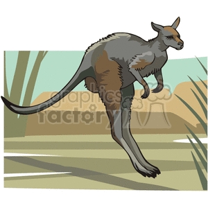 The image shows a realistic kangaroo in mid-air, jumping up and to the right. The kangaroo has a brown and gray fur, long legs, and long arms with big, black paws. Its ears are pointed and its face is turned to the side. The kangaroo has a large, muscular tail that is pointing down.