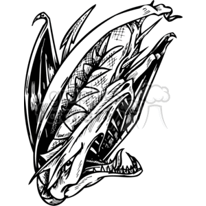The image is a black and white clipart of a stylized dragon. The dragon appears to be intricately designed with various patterns and textures throughout its body, wings, and tail, giving it a dynamic and detailed look. The style of the artwork indicates that it could be suitable for vinyl cutting, possibly for use on banners, scrolls, or other decorations.