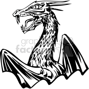 The image is a black and white, vinyl-ready clipart of a dragon. The dragon is depicted in a stylized, dynamic pose, featuring its head in profile with an open mouth, sharp teeth, and prominent eyes. It has detailed scales on its neck and a wing prominently displayed, with clear lines and contrasting dark areas for shadows, indicating it is designed for easy cutting with a vinyl cutter.
