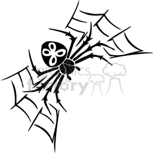 The clipart image shows a stylized, simple black and white image of a spider with a decorative body pattern, positioned in the corner of a spider web. The web's design is angular and abstract, suggesting broken lines. Both the spider and the web are in bold contrast and designed to be easily used for vinyl cutting, making them suitable for creating decals, decorations, or graphic designs for Halloween or other thematically related projects.