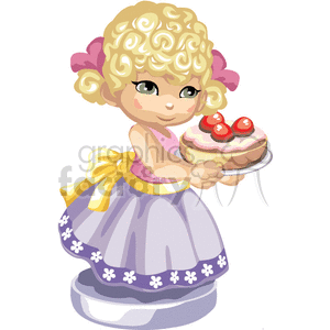 A Little Blonde Girl in a Purple and Pink Dress Holding a Pie
