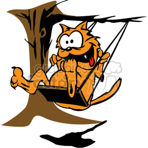 This clipart image features an orange cat with a humorous expression, swinging joyfully from a tree swing. The cat appears to be having a great time with its tongue out and eyes wide, exemplifying a carefree, playful attitude. Its tail and one of its paws are flowing with the movement of the swing, adding to the sense of motion. The tree is stylized with a thick trunk and a few protruding branches from which the swing is hanging. The cat's shadow is cast on the ground, hinting at the sunny environment in which the cat is enjoying its swing.
