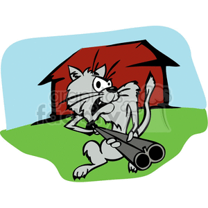 In the clipart image, there is a depiction of an anthropomorphized angry gray cat carrying a double-barreled shotgun. The cat has a scowling expression on its face, conveying a sense of being mean or mad. In the background, there is a simple red barn, indicating a farming or rural setting. The cat is standing on a green field under a light blue sky.