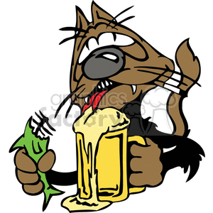 The image is a cartoon clipart depicting a cat holding a mug of beer in one hand and a fish in the other. The cat has a comically exaggerated facial expression suggestive of inebriation or merriment.