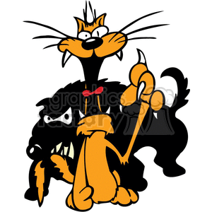 The clipart image features a humorous illustration of two animals: a cat and a dog. The orange cat, which has a startled and surprised expression, stands on its hind legs with its front paws outstretched and its tail extended. The black dog, looking mischievous and aggressive, is behind the cat with its eyes narrowed and teeth exposed, holding the cat's tail in its mouth as if biting it. The illustration captures a moment of comedic trouble, portraying a classic cat versus dog scenario where the cat is caught by surprise.