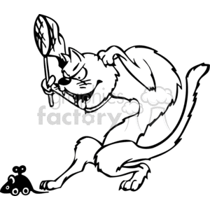 The image is a black and white line drawing depicting a comical scene where a cat is attempting to catch a mouse. The cat is exaggeratedly sneaking up on the unsuspecting mouse with an overly focused and determined expression. The cat's eyes are narrowed, mouth slightly open with teeth showing, and it is gripping a net in one paw, poised to swing it down on the mouse. The cat's tail is raised and its body is in a tense, crouched position, ready to pounce. The mouse appears unaware, looking off to the side, separated from the cat by a small distance.