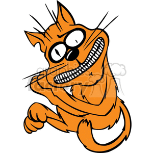 The clipart image depicts an exaggerated, cartoonish orange cat with prominent eyes, an oversized smiling mouth full of teeth, pointy ears, and raised whiskers. The cat is leaning forward with one arm extended, giving it a somewhat manic or intensely curious appearance.