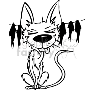 The clipart image displays a cartoon cat with a whimsical expression on its face, sitting next to a line with fish hanging from it, as if the cat has been successful at fishing or hunting. The cat has large, prominent ears and its eyes are closed with a satisfied grin, suggesting it is pleased with its catch. The illustration is black and white, with a style that appears to be designed for easy vinyl cutting or printing purposes.