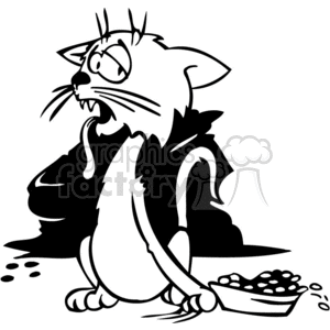 This clipart image shows a cartoon cat looking sick or disgusted, with a droopy tongue and a repulsed expression. There's a bowl with what appears to be cat food, both inside it and spilled onto the ground nearby, suggesting the cat might be feeling ill after eating or simply refusing to eat what's been served.
