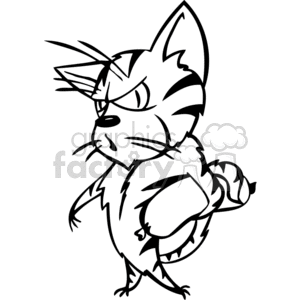 This clipart image features a stylized cartoon cat holding a large sausage. The cat is depicted with exaggerated characteristics, including large eyes, pointed ears, prominent whiskers, and a somewhat grumpy or sassy expression. The image is black-and-white, outlined, and appears to be designed for easy use in vinyl cutting or similar purposes where a simple, bold design is beneficial.