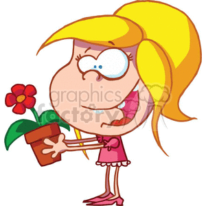 The image is a colorful clipart that features a cute little blonde girl holding a red flower in a brown pot. The character is depicted in a comic style with exaggerated features like a big head and eyes. She wears a pink dress and shoes and has a playful and happy expression on her face.