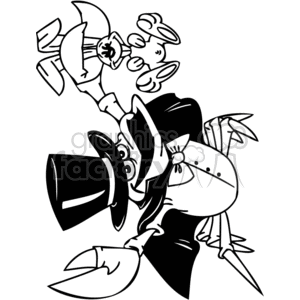 This is a black and white clipart image featuring a humorous scene involving a magician and a rabbit. The magician, a crab dressed in a traditional magician's outfit with a top hat and cape, is pulling a rabbit out from the hat.