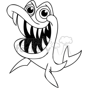 The image is a black and white line art clipart of a stylized, cartoonish barracuda. The fish has exaggerated facial features including a large mouth filled with sharp, pointed teeth. It appears fierce with an angry expression, featuring large eyes and an open mouth as if it is about to bite. However, the comical nature of the drawing gives it a humorous twist, making the barracuda seem more funny than truly scary.