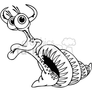 The image depicts a whimsical line art drawing of a snail with a shell. The character has large, expressive eyes and an amusingly surprised facial expression, with cartoonish features giving it a humorous look.