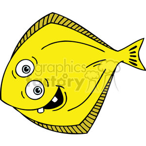 The image is a clipart representation of a yellow fish with a cartoonish appearance. It features the fish with a large, friendly smile, showing its teeth, and large, bulging eyes that give it a playful and amusing character. The color is primarily yellow with black outlines emphasizing the details; it has stylized gills and fins.