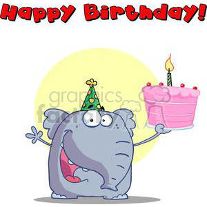 Blue elephant holding happy birthday cake with happy birthday in red