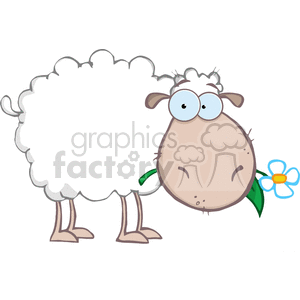 The image is a clipart illustration of a cute and funny-looking sheep or lamb. It has a fluffy white body, a large round head with a subtle tan color, and big, goofy eyes with glasses. The sheep is also sporting a small smile with a green leaf and a blue and yellow flower dangling out of the side of its mouth, suggesting it may have been grazing.
