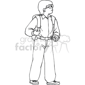 Black and white outline of a little boy with a backpack