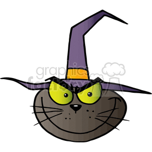 The clipart image shows a cartoon illustration of a black cat with a witch hat, giving it an evil and spooky look. The cat is depicted in a comical and humorous way, with exaggerated features such as its oversized head and wide eyes. The image is a vector graphic, which means it can be scaled up or down without losing quality.
