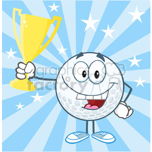 5738 Royalty Free Clip Art Happy Golf Ball Holding Golden Trophy Cup