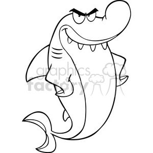 Royalty Free RF Clipart Illustration Black And White Angry Shark Cartoon Character