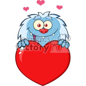 10653 Royalty Free RF Clipart Happy Little Yeti Cartoon Mascot Character Over A Valentine Love Heart Vector Illustration