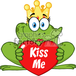 10662 Royalty Free RF Clipart Cute Princess Frog Cartoon Mascot Character With Crown Holding A Love Heart With Text Kiss Me Vector Illustration
