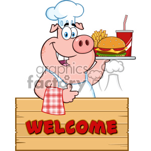 10724 Royalty Free RF Clipart Chef Pig Cartoon Mascot Character Holding A Tray Of Fast Food Over A Wooden Sign Giving A Thumb Up Vector With Text Welcome