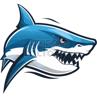 The image is a clipart illustration of a blue shark. The shark is depicted with a stylized design, featuring sleek lines and a fierce expression. Its teeth are visible, and the coloration of the shark uses shades of blue and white to highlight its features.